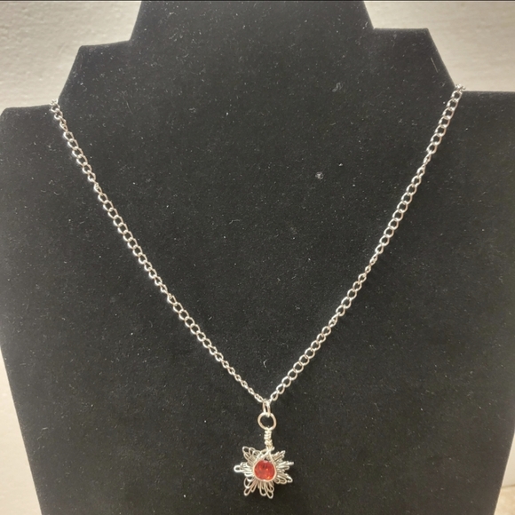 Silver Chain and Red Sunburst Stone Necklace - Picture 3 of 6